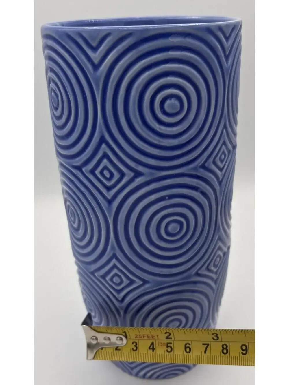 FTD Blue Vase, Ceramic Geometric Circle Design 8.75